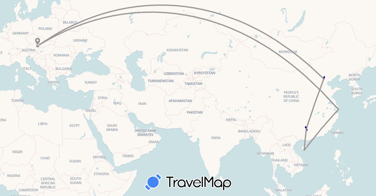 TravelMap itinerary: driving, plane in Austria, China (Asia, Europe)