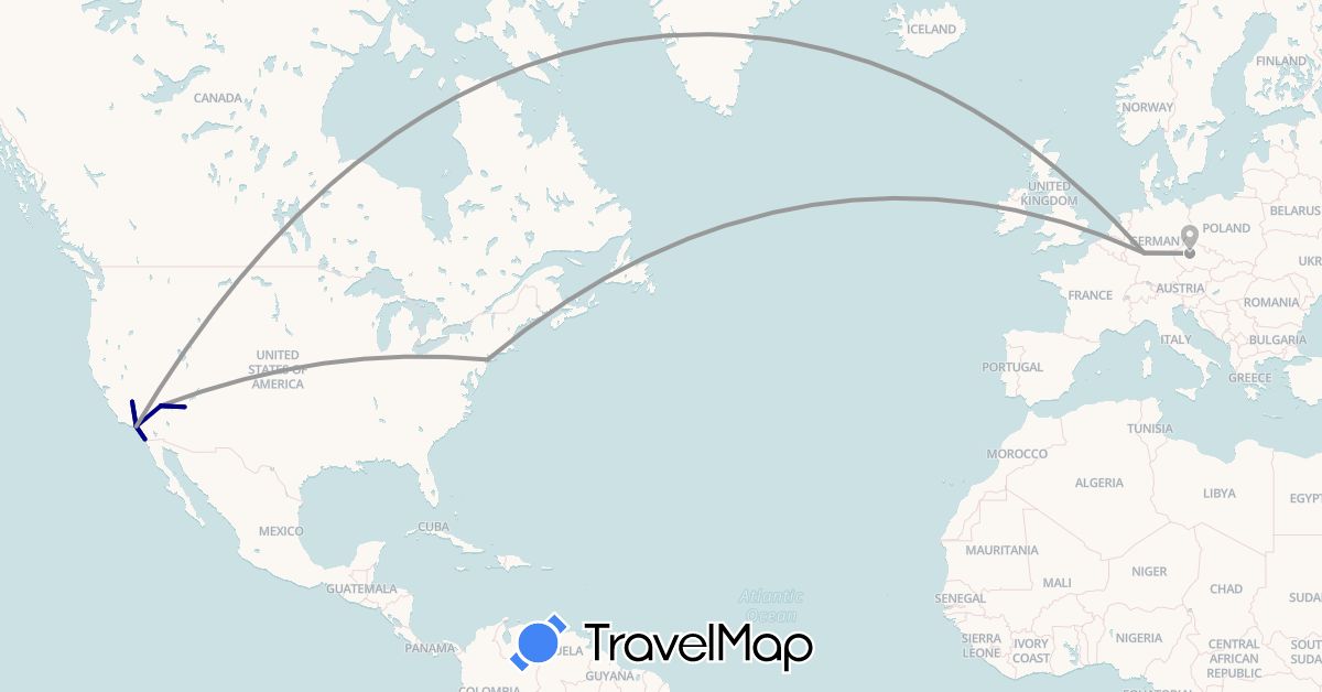 TravelMap itinerary: driving, plane in Czech Republic, Germany, United States (Europe, North America)