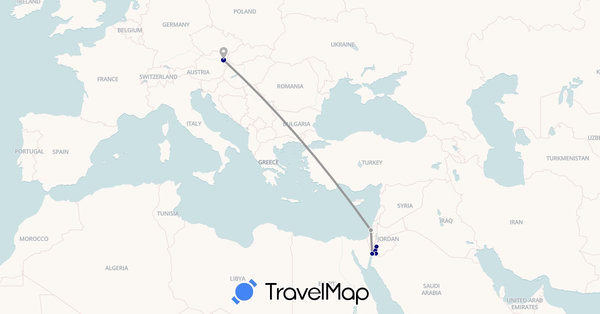 TravelMap itinerary: driving, plane in Austria, Israel, Jordan (Asia, Europe)