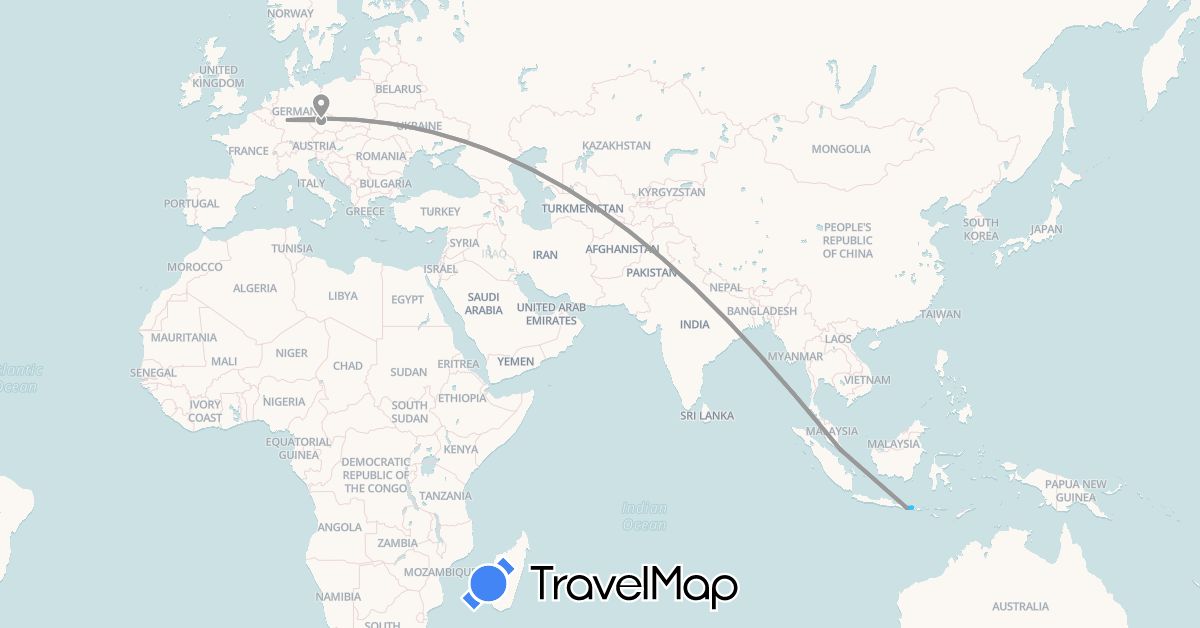 TravelMap itinerary: driving, plane, boat in Czech Republic, Germany, Indonesia, Singapore (Asia, Europe)