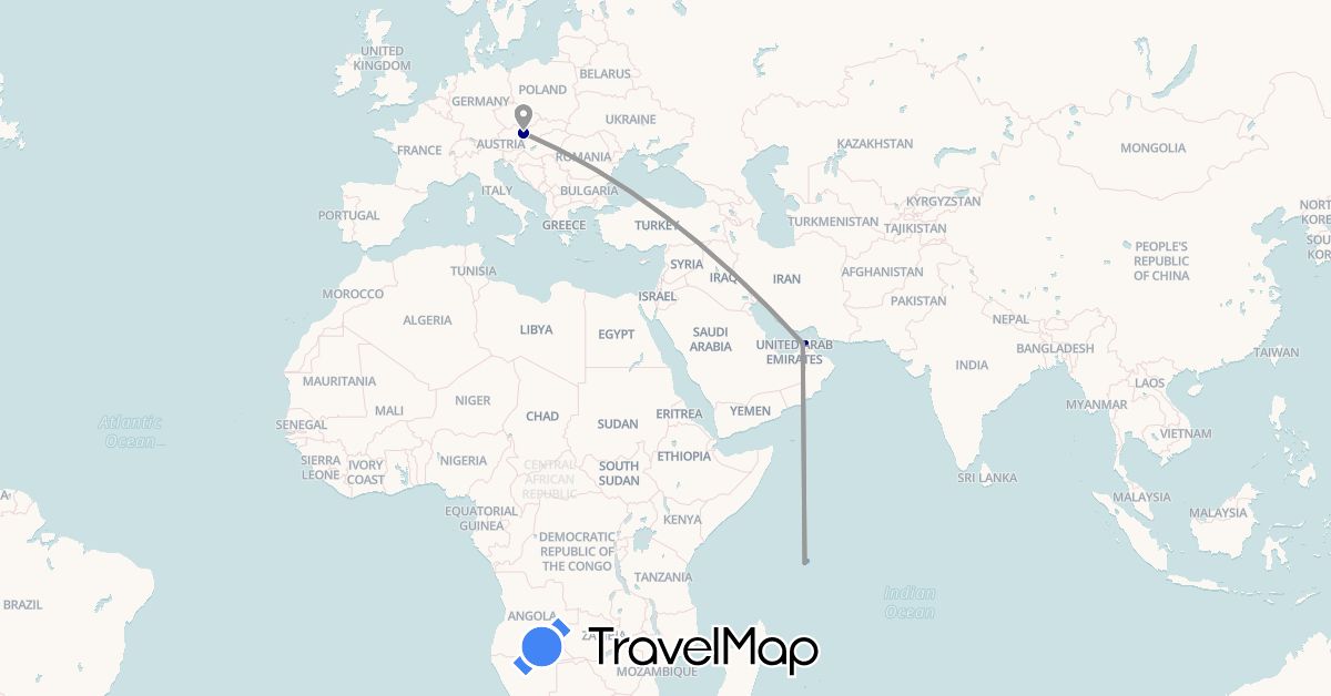 TravelMap itinerary: driving, plane, boat in United Arab Emirates, Austria, Seychelles (Africa, Asia, Europe)