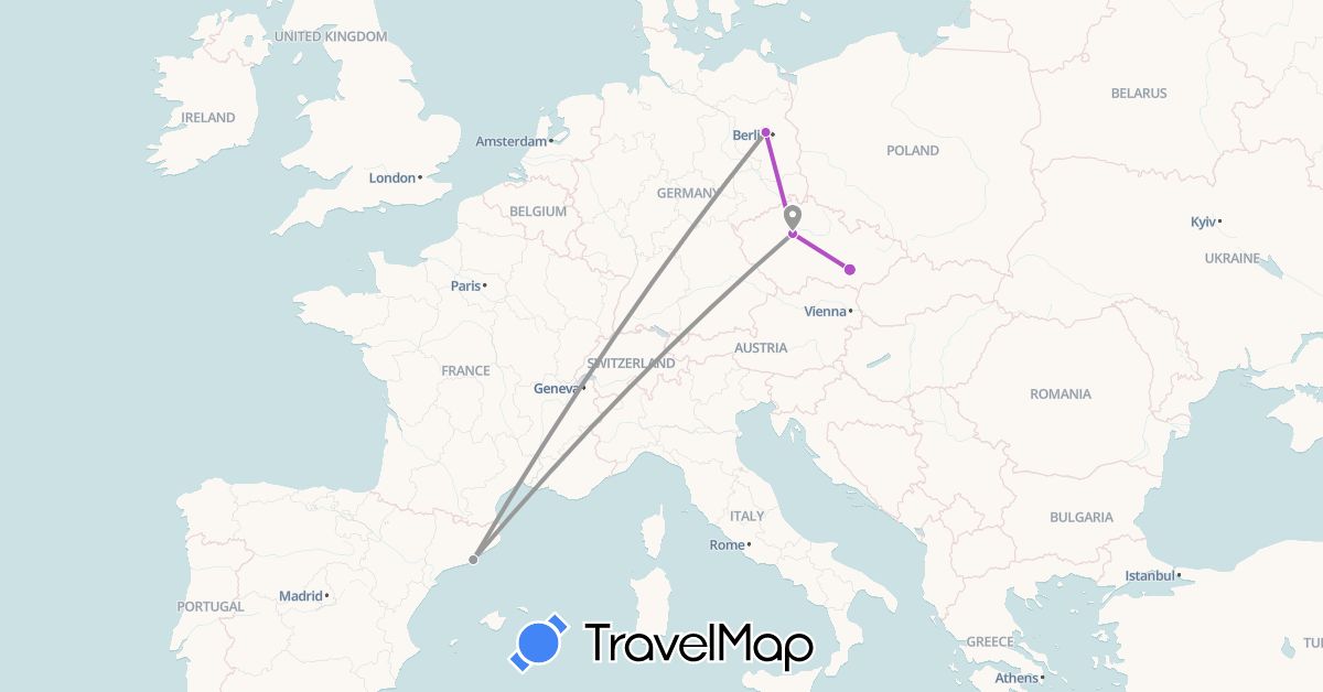TravelMap itinerary: driving, plane, train in Czech Republic, Germany, Spain (Europe)
